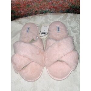 Splendid Pink Furry Criss Cross Open Toe Slip On Slippers Shoes M/L